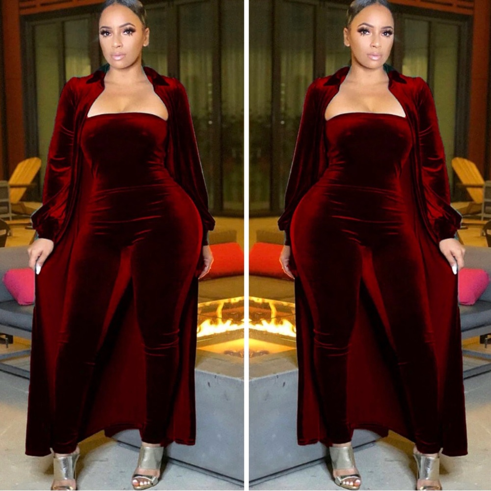 Strapless Velvet Jumpsuit with Matching Long Duster in Wine